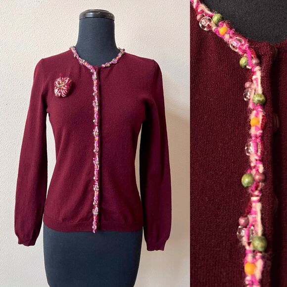 Vintage Italian Wool Cardigan Sweater Medium Burgundy Beaded Trim Flower Brooch - Picture 1 of 6